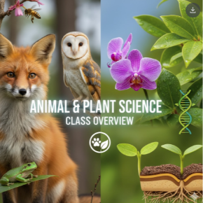 An image of a fox, owl, and plants and text "Animal & Plant Science Class Overview